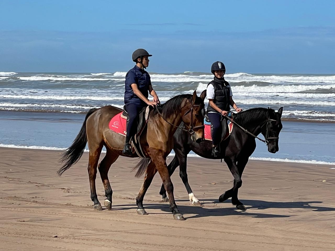 Two riders on horseback by the coast